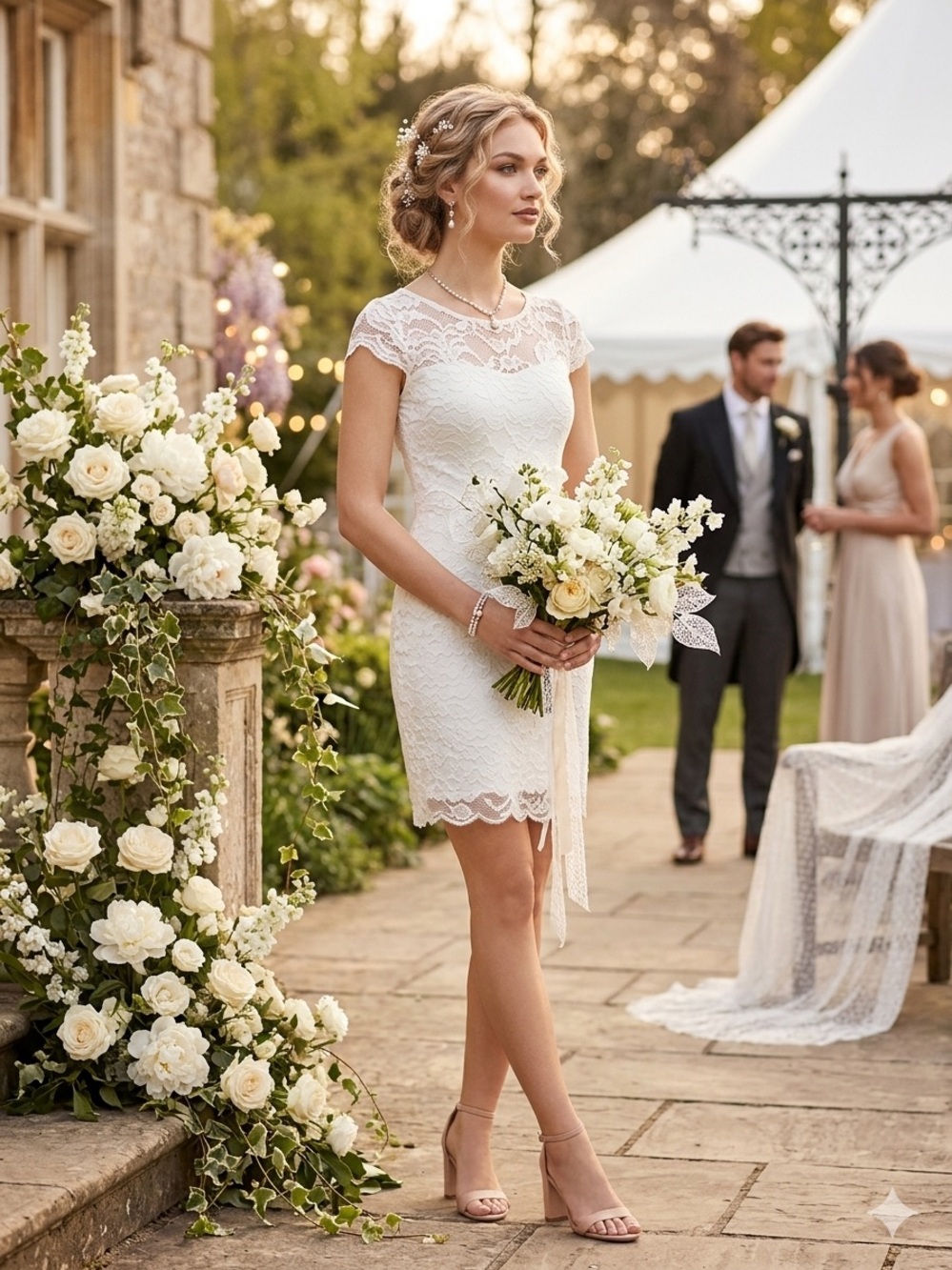 H&M White Lace Mini - Sheer Back - Bridal Shower Dress 4 PETITE BRIDE